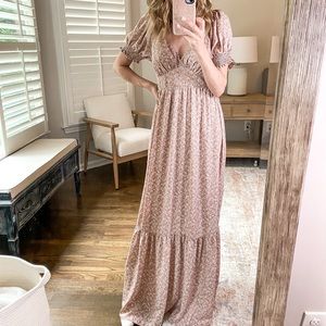 Pink floral maxi dress with puff sleeves size small